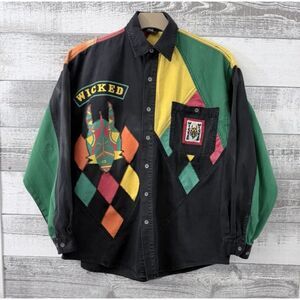 Wicked Color Blocked Patchwork Cotton Button Down Shirt Size 2XL Multicolor VTG